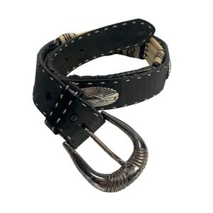 Justin Western Leather Belt‎ Beaded Silver Buckle Size 38 Festival Boho Indie